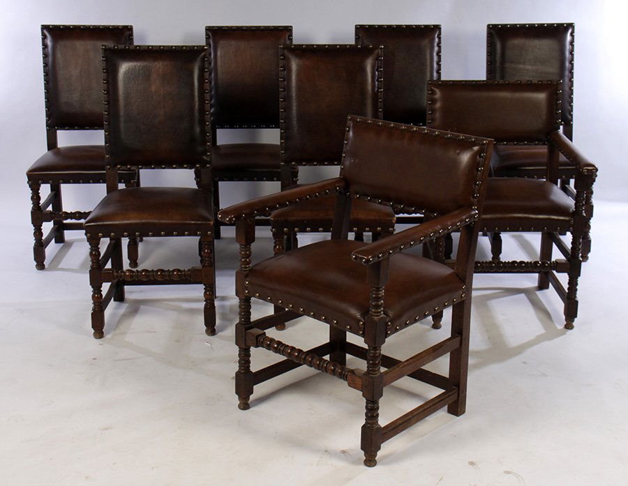 SET OF 8 OAK & LEATHER DINING CHAIRS C.1950 (1 of 5)