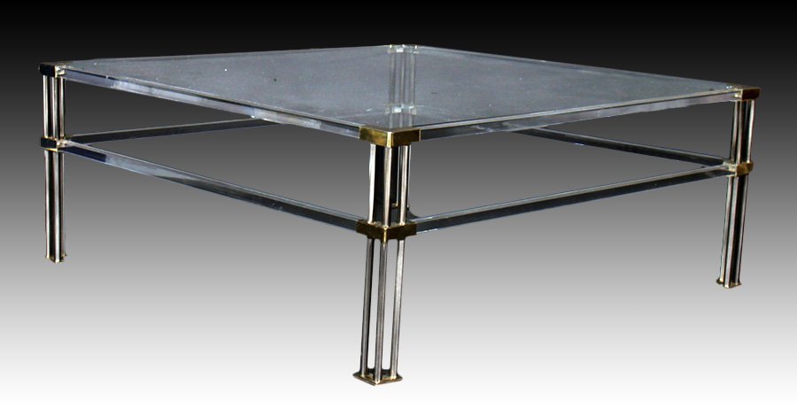 2-TIER BRASS GLASS LUCITE COFFEE TABLE CIRCA 1970 (1 of 4)