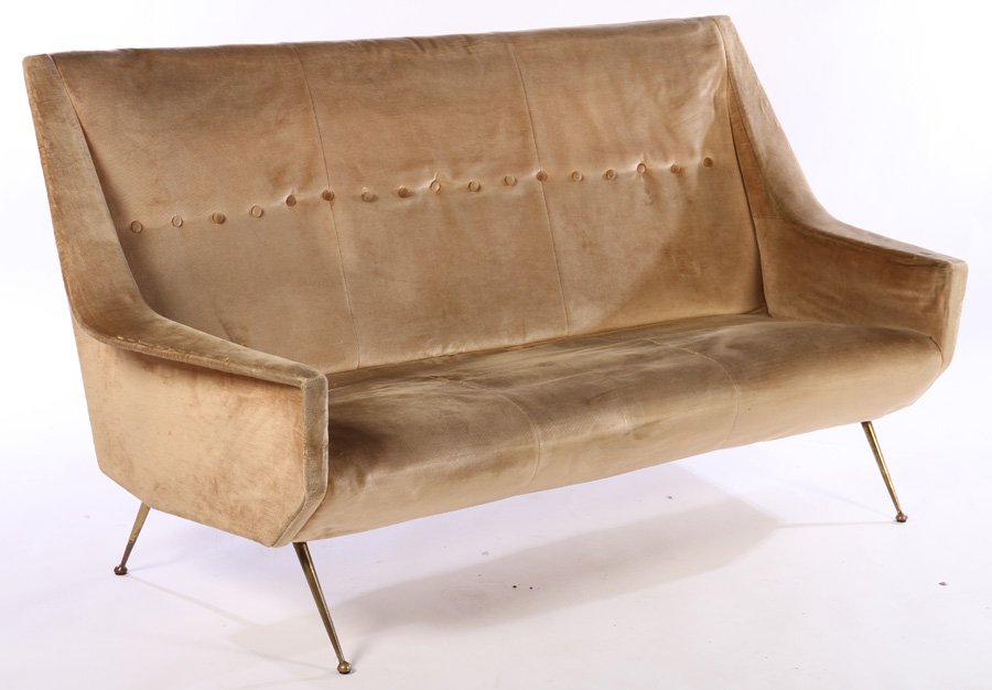 UPHOLSTERED ITALIAN SOFA BRASS LEGS 1960 (1 of 4)