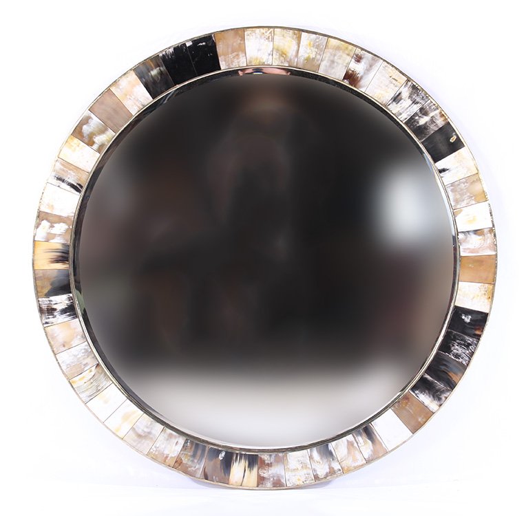 LARGE BONE HORN ROUND MIRROR KARL SPRINGER: A large bone/horn round mirror in the manner of Karl Springer. Dia: 47"