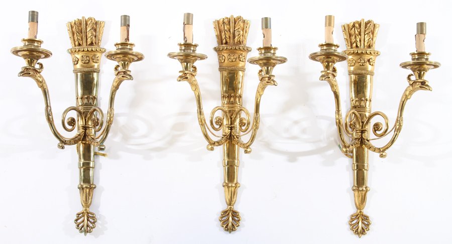 SET 3 FRENCH BRASS EMPIRE 2 ARM WALL SCONCES (1 of 4)