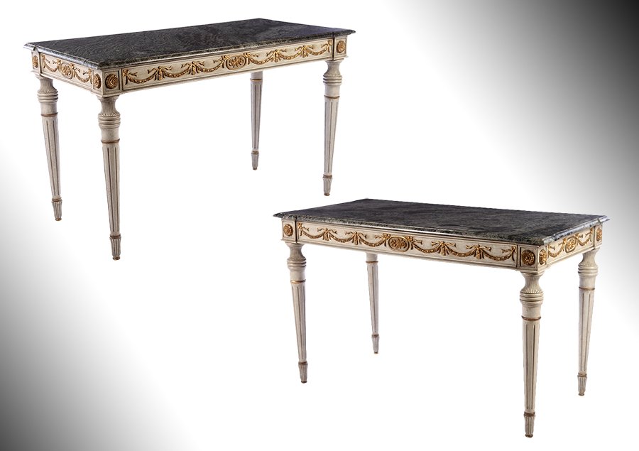 PAIR LOUIS XVI CARVED PAINTED CONSOLES MARBLE TOP (1 of 7)