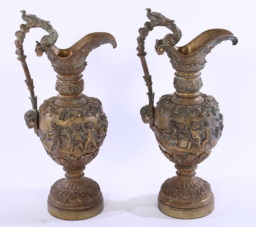 PAIR 19TH CENT. BRONZE EWERS RAMS HEADS (1 of 6)