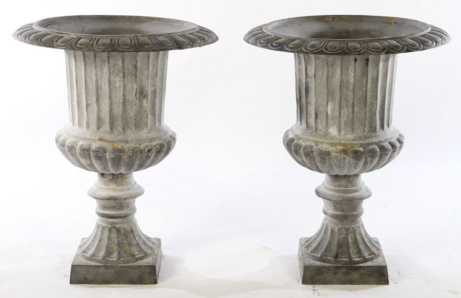 LARGE PAIR CAMPANA CAST IRON URNS FLUTED SIDES (1 of 5)