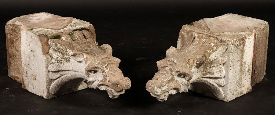 PAIR LATE 19TH CENT. CARVED STONE GARGOYLES (1 of 4)