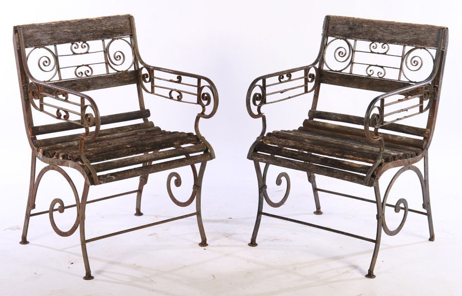 PAIR WROUGHT IRON GARDEN CHAIRS SLAT BACK (1 of 6)