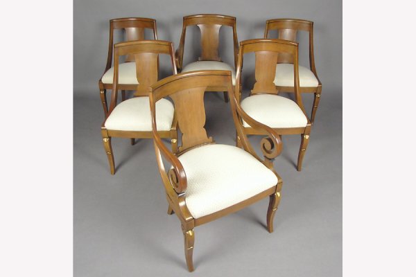 SIX BAKER REGENCY STYLE DINING ROOM CHAIRS CHAIR: SET OF SIX BAKER REGENCY STYLE DINING ROOM CHAIRS WITH GOLD GILT ACCENTS. Consisting of four side chairs and two arm chairs H: 36" W: 24" D: 22" *Condition: Good - clean fabric *Est. Sale Time: 2:16 P