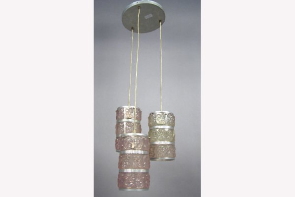 PAIR OF LATE ART DECO LIGHTS CIRCA 1940.: PAIR OF LATE ART DECO LIGHTS CIRCA 1940. Each having three chrome lanterns with plastic panels with a pink hue. Each lantern 10" x 6" 45" x 15" *Condition: Good - crack to one panel of one lantern *Es