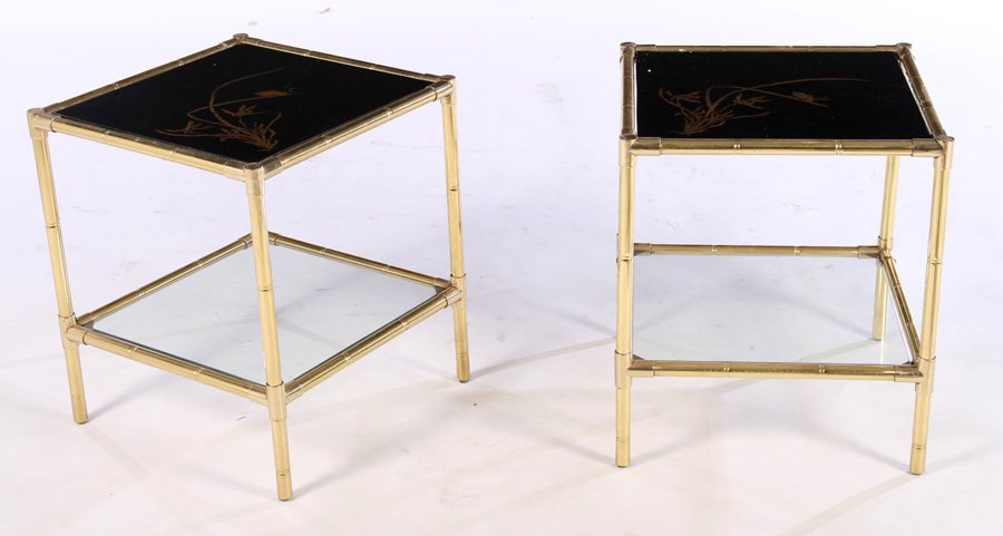 PAIR MID CENTURY BRASS FAUX BAMBOO SIDE TABLES (1 of 5)