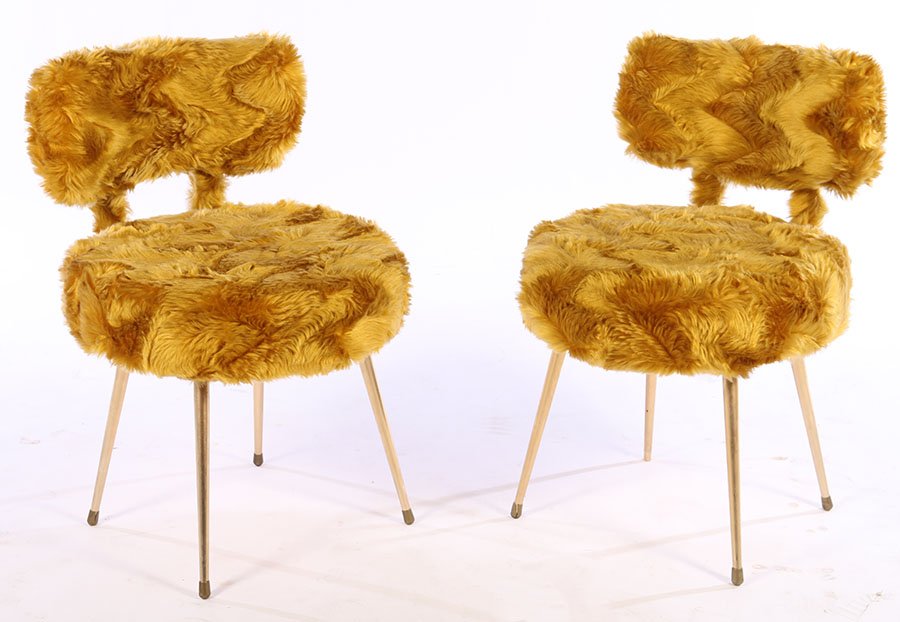 PAIR OF LABELED FRENCH CHAIRS SHAGGY FABRIC 1950 (1 of 4)
