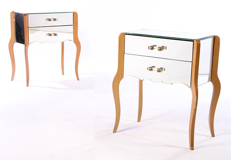 PAIR FRENCH MIRRORED SIDE TABLES 2 DRAWERS 1950 (1 of 5)