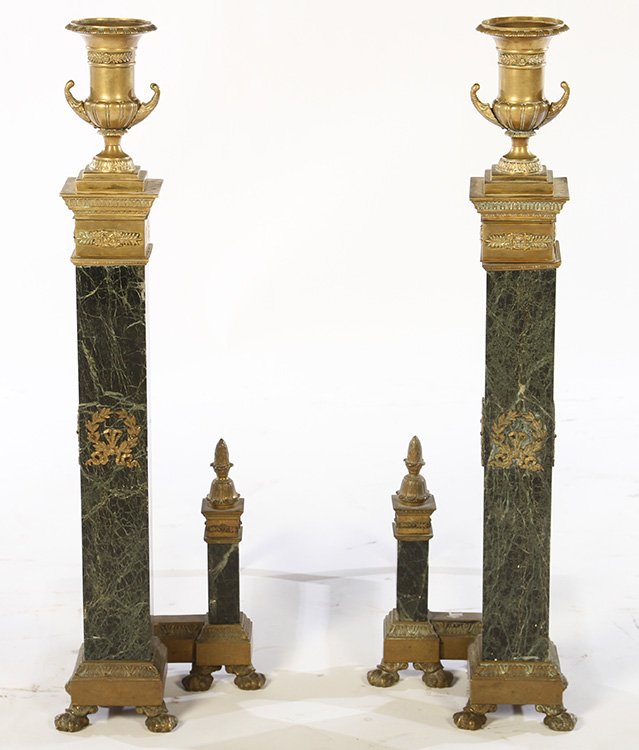 PR LATE 19TH CENT. EMPIRE BRONZE MARBLE ANDIRONS (1 of 5)