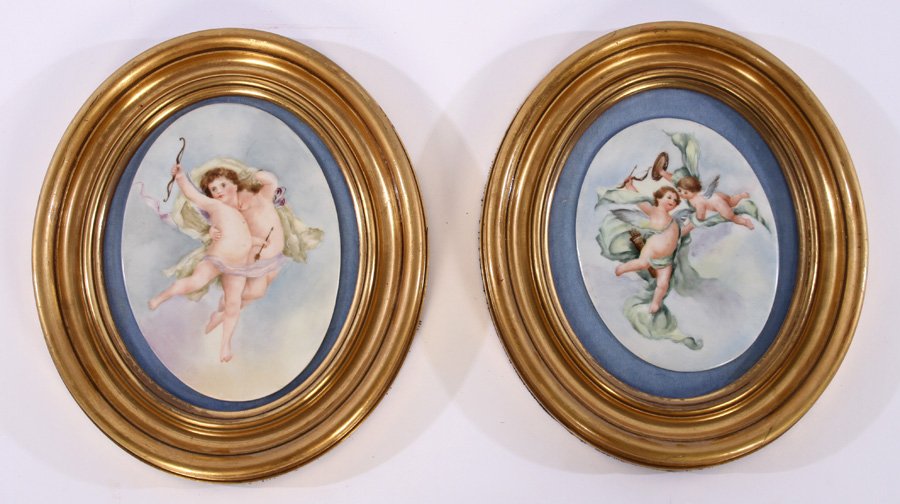 PAIR OF DECORATED PORCELAIN PLAQUES WITH CHERUBS (1 of 4)