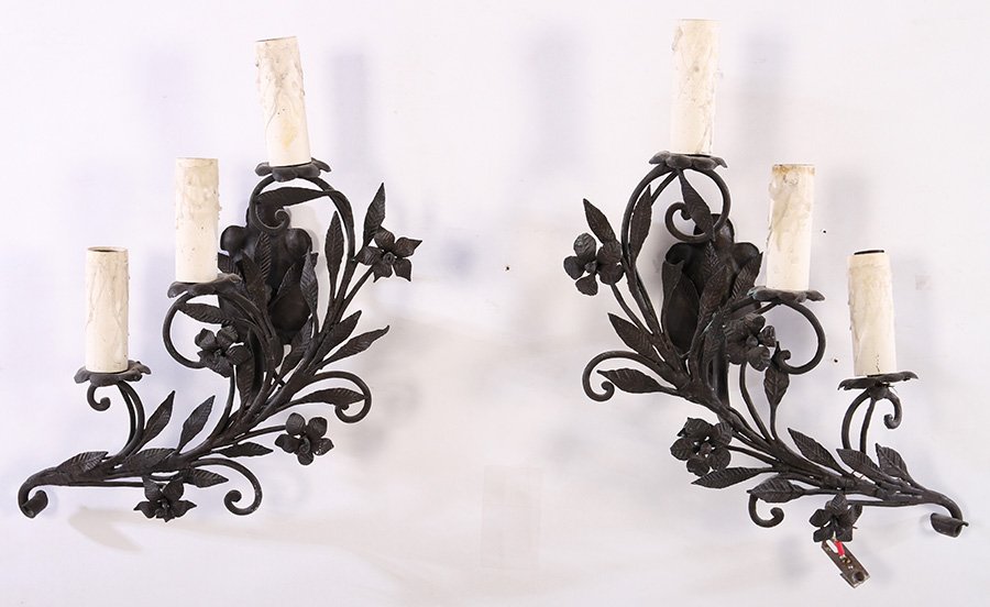 PAIR WROUGHT IRON 3 LIGHT WALL SCONCES (1 of 4)