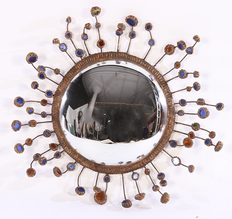 GILT RESIN MULTICOLORED GLASS CONVEX MIRROR (1 of 2)