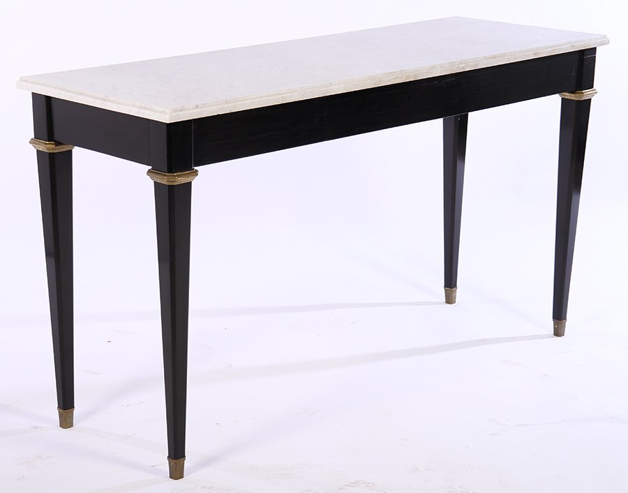 JANSEN EBONIZED BRONZE MOUNTED CONSOLE TABLE 1940: A sleek Jansen ebonized bronze mounted marble top console table circa 1940. Ht: 30.5" Width: 56" Depth: 19"
