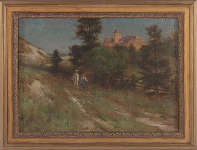 JAMES BRADE SWORD OUTDOOR SCENE SIGNED OIL LINEN: James Brade Sword (Pennsylvania 1839-1915). Outdoor scene, oil on linen, signed lower left 'J.B.Sword'. Image size: 20" x 28" Ht: 25.75" Wd: 33.75" (framed)