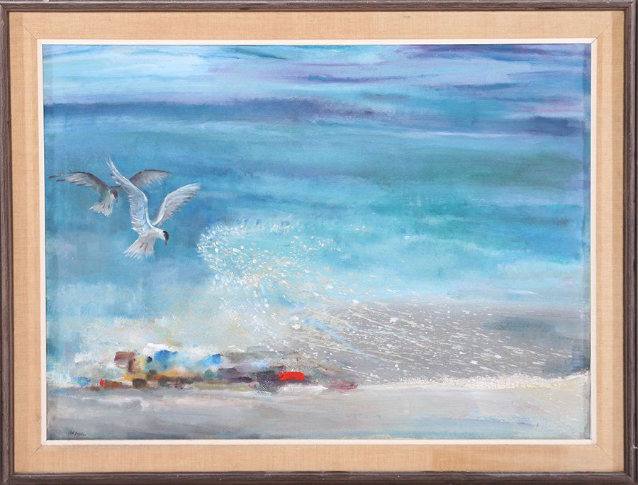 WALTER REINSEL OIL ON CANVAS SIGNED: Walter Reinsel (Pennsylvania, 1905-1979) Birds in abstract waterscape, oil on canvas, signed lower left Reinsel. Image size: 28" x 38.5" Ht: 34" Wd: 44.5" (framed)
