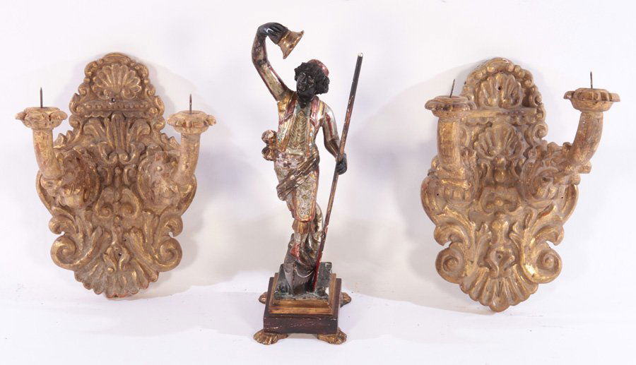 PAIR OF GILTWOOD SCONCES & WOODEN BLACKAMOOR C.1920 (1 of 7)