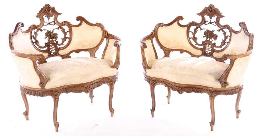 PAIR FRENCH LOUIS XV CARVED WALNUT SETTEES 1910 (1 of 7)