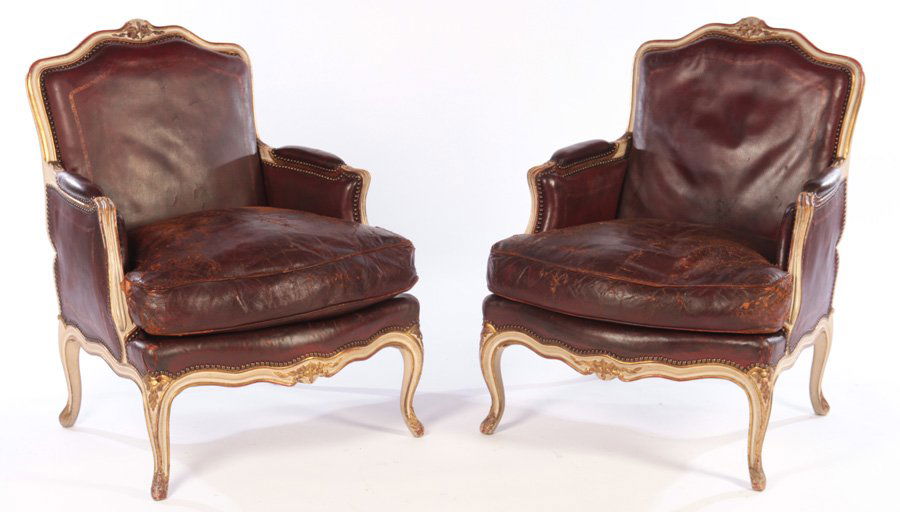 PAIR LEATHER FRENCH PAINTED LOUIS XV BERGERES 1900 (1 of 6)