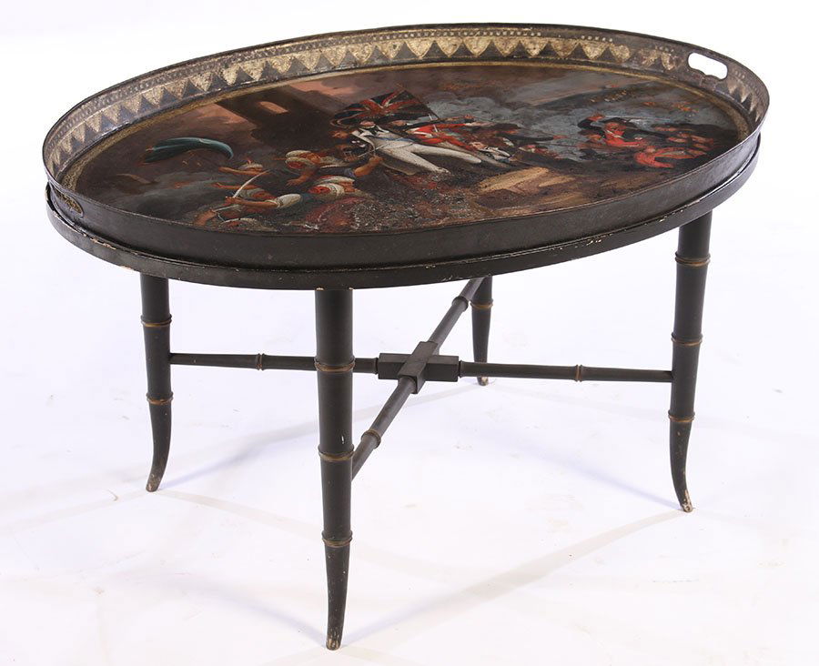 19TH CENTURY DECORATED TOLE TRAY FAUX BAMBOO BASE (1 of 8)