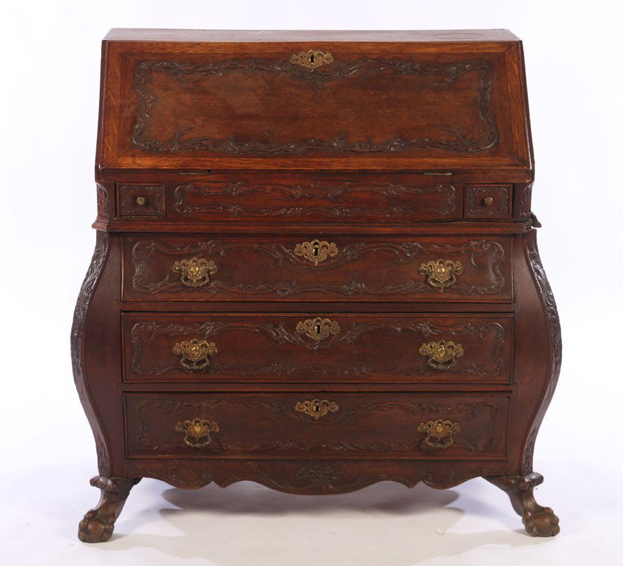 A LATE 18TH CENTURY OAK BOMBE SLANT FRONT DESK (1 of 6)