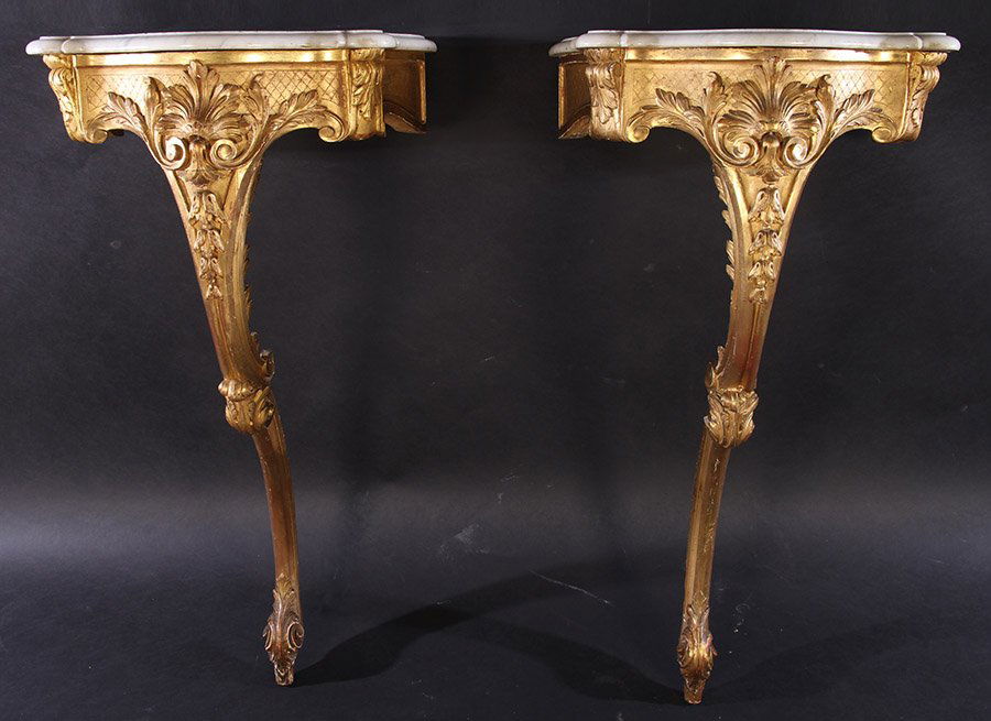 PAIR 19TH CENT. GILTWOOD CARVED CONSOLE TABLES (1 of 5)