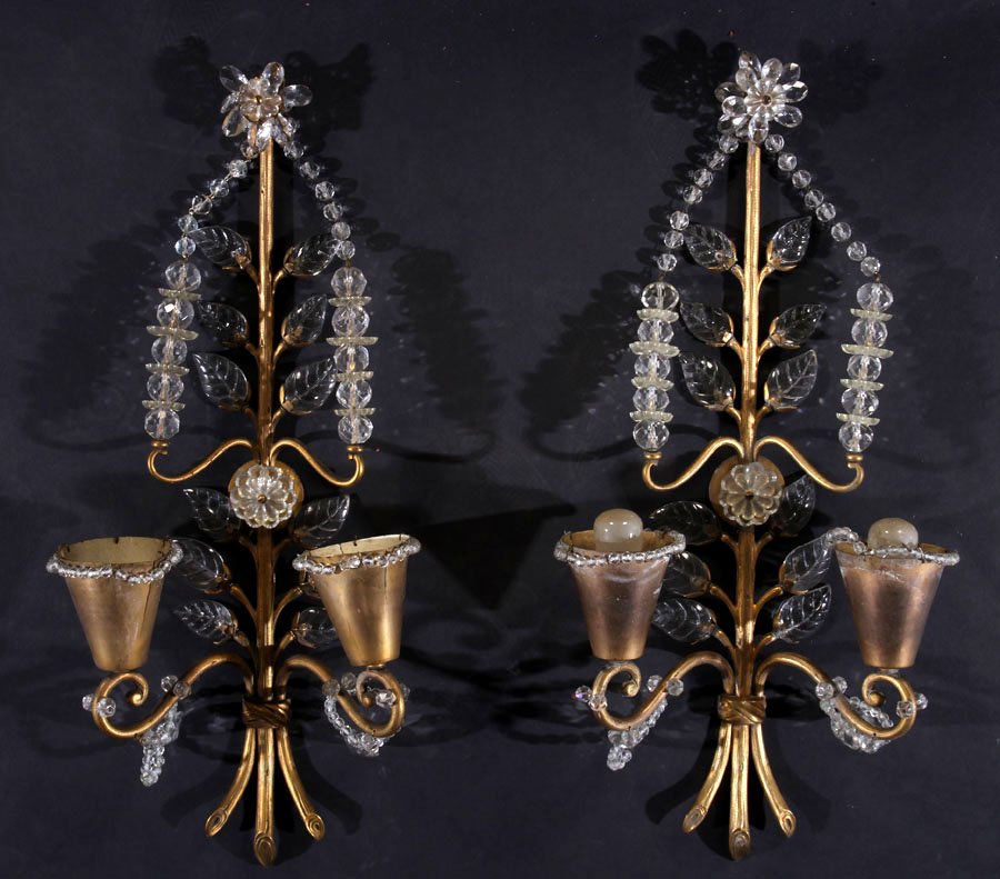 A PAIR OF JANSEN BRONZE SCONCES CIRCA 1940: An interesting pair of Jansen bronze sconces having stylized floral and leaf applied decoration circa 1940. Ht: 19" Wd: 8.75"