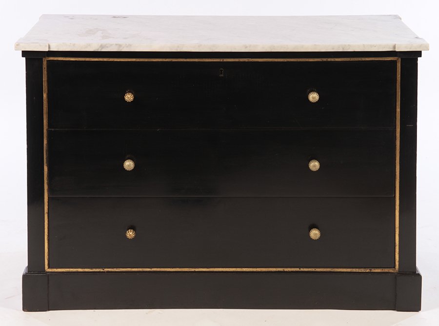 THREE DRAWER EBONIZED MARBLE TOP COMMODE 1950 (1 of 4)