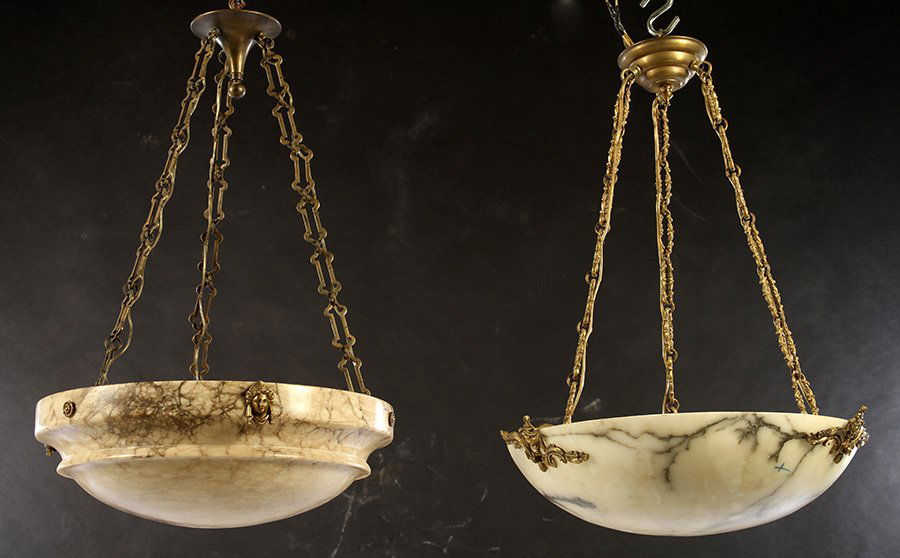 LOT 2 CARVED ALABASTER DOME LIGHTS CHAIN SUPPORTS (1 of 5)