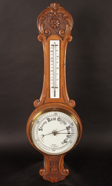 WALNUT STICK BAROMETER/THERMOMETER C.1910 (1 of 5)