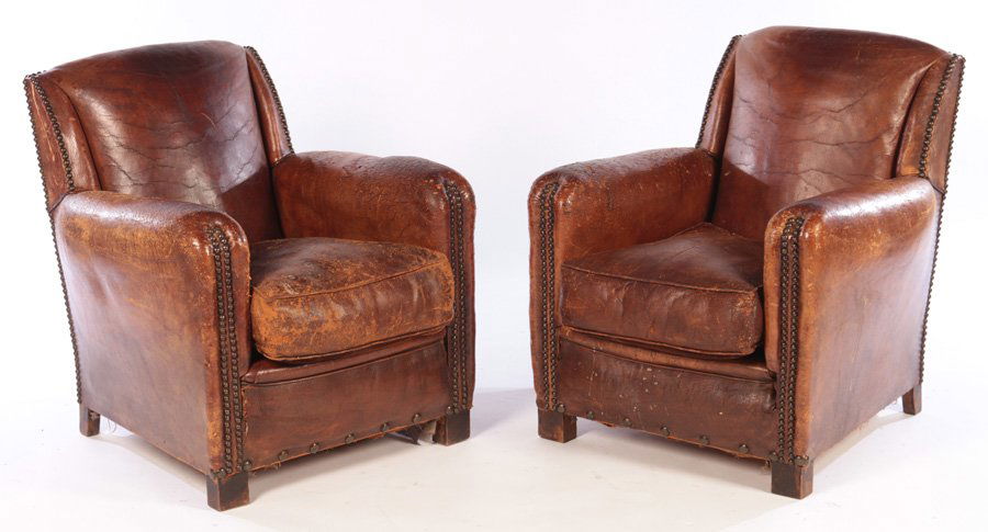 PAIR EARLY 20TH CENTURY FRENCH LEATHER CLUB CHAIRS (1 of 6)