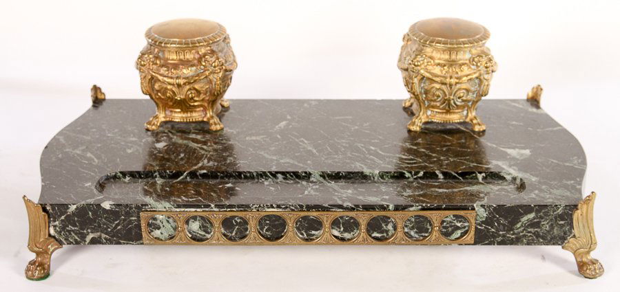 DOUBLE WELL BRONZE MARBLE FOOTED INKWELL C.1900 (1 of 5)