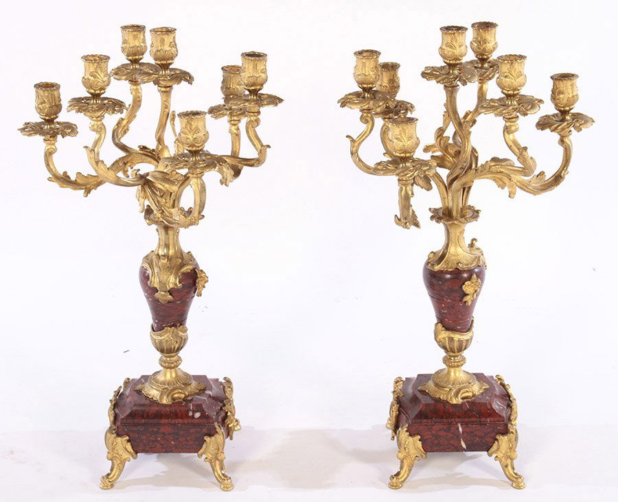 PAIR OF 7 ARM DORE BRONZE RED MARBLE CANDELABRUM (1 of 6)