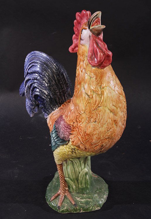 A LARGE POLYCHROMED PORCELAIN CROWING ROOSTER (1 of 5)