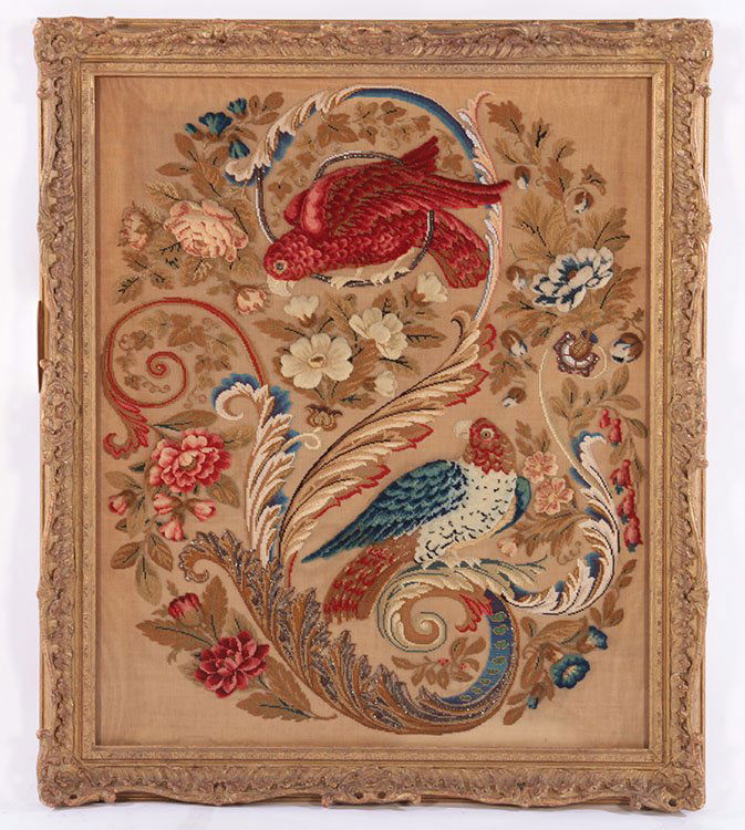 FRAMED ANTIQUE NEEDLEPOINT 2 PERCHED BIRDS (1 of 4)