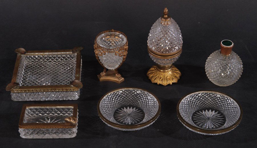 A 7 PIECE FRENCH BRONZE AND GLASS DRESSER SET C.1950 (1 of 6)