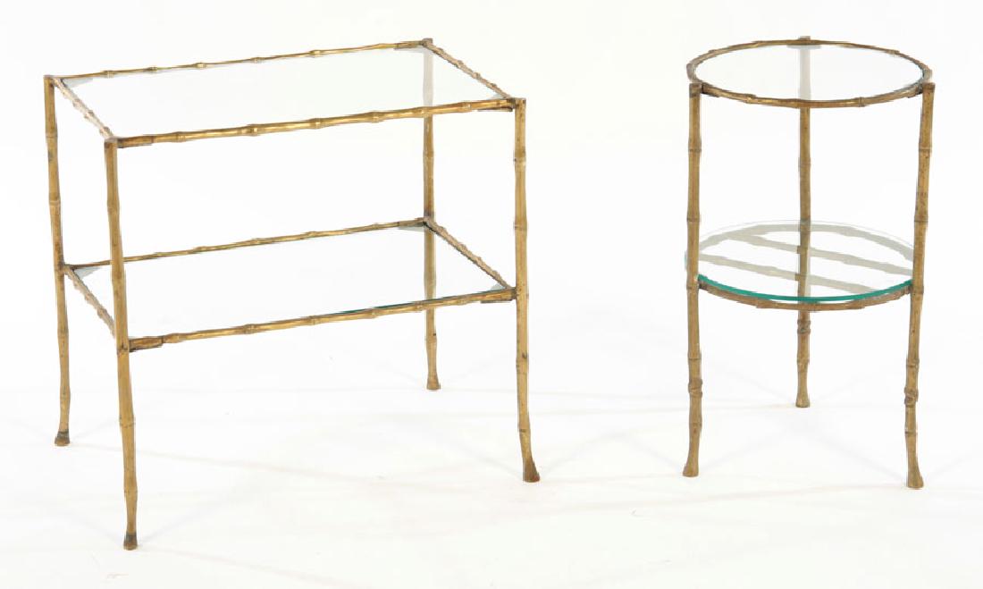 PAIR BRASS FAUX BAMBOO END TABLES GLASS TOPS 1950 (1 of 6)