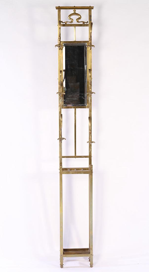 ART NOUVEAU BRASS HALL RACK WITH MIRROR C.1930 (1 of 4)