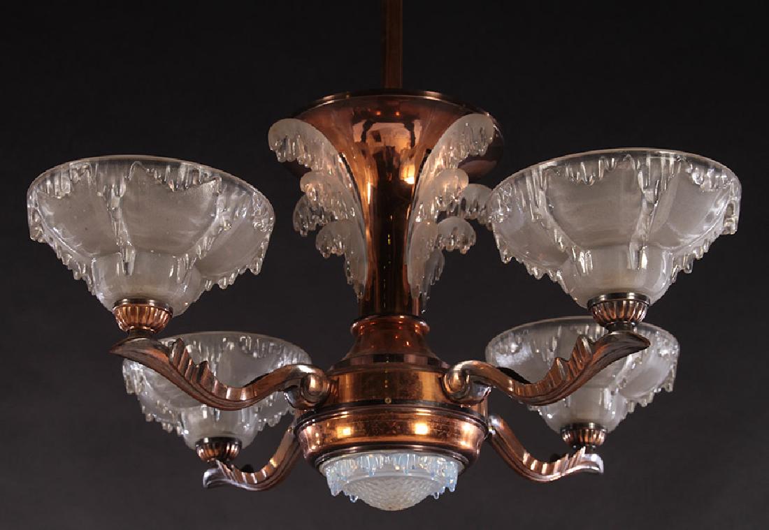 ART DECO COPPER FINISHED 4 ARM CHANDELIER 1930 (1 of 5)