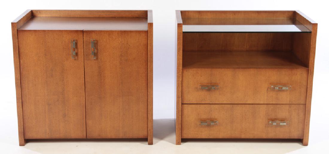 A PAIR OF SIMILAR CABINETS: A pair of similar cabinets, one having gallery top over two doors, the other with inset glass shelf over drawer. Ht: 34" Wd: 36" Dpth: 21"