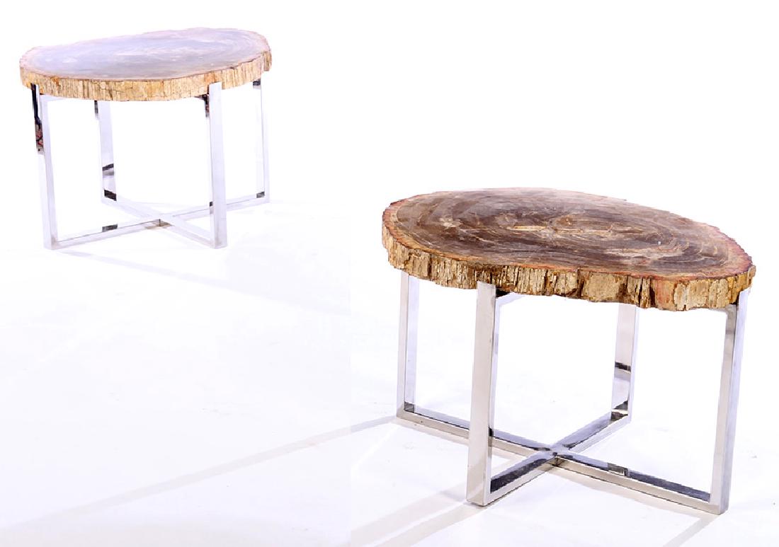 PAIR PETRIFIED WOOD TABLES CHROME METAL BASES (1 of 4)