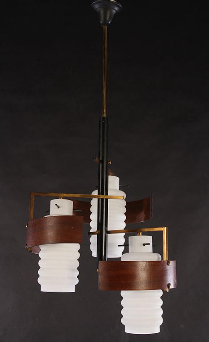 ITALIAN WOOD IRON GLASS LIGHT FIXTURE 1960: An Italian wood, iron and glass light fixture circa 1960. Ht: 23" Width: 15" Depth: 15"