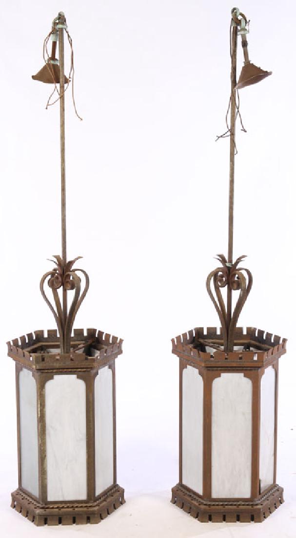 PAIR WROUGHT IRON GOTHIC HANGING LANTERNS 1910 (1 of 6)