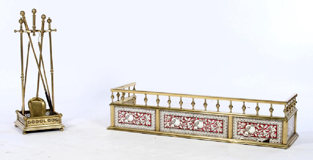 19TH C. ENGLISH BRASS TILE FIREPLACE SET (1 of 5)