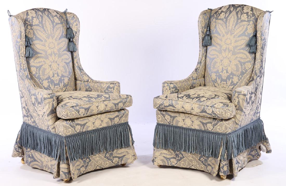PAIR OF UPHOLSTERED SHALLOW WING BACK CHAIRS (1 of 7)