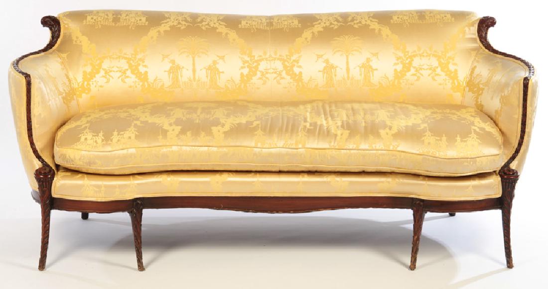 CARVED MAHOGANY AND SILK UPHOLSTERED SOFA 1940 (1 of 4)