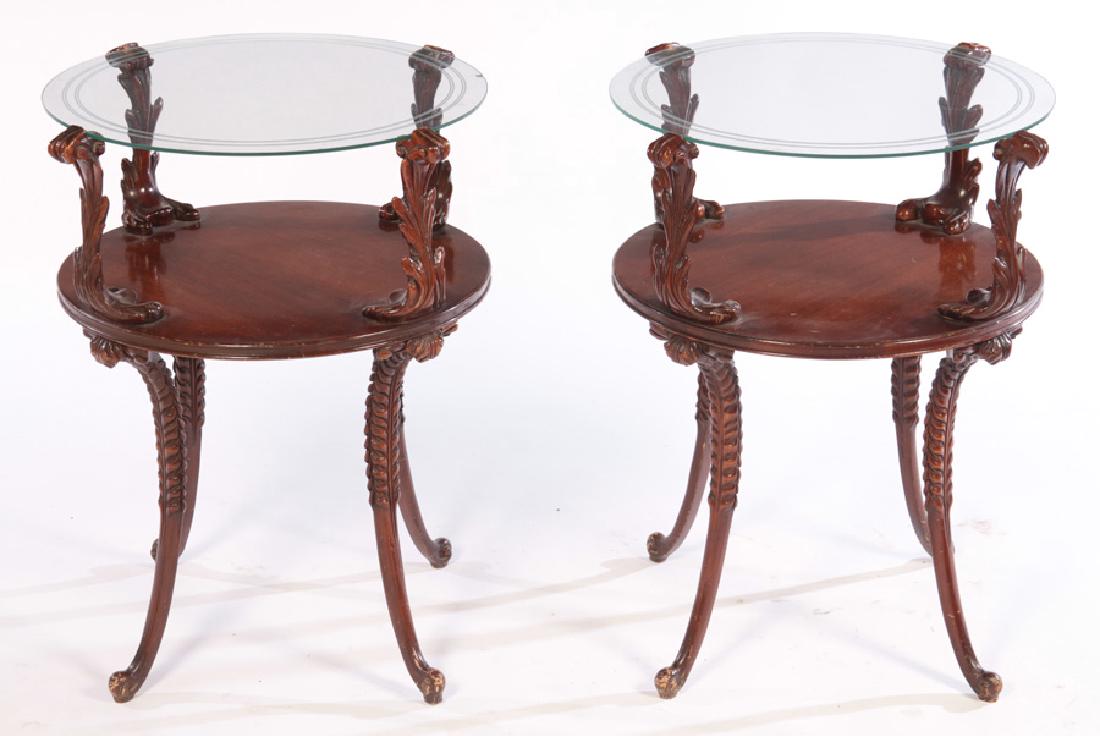 PAIR MAHOGANY SIDE TABLES ETCHED GLASS 1960 (1 of 5)