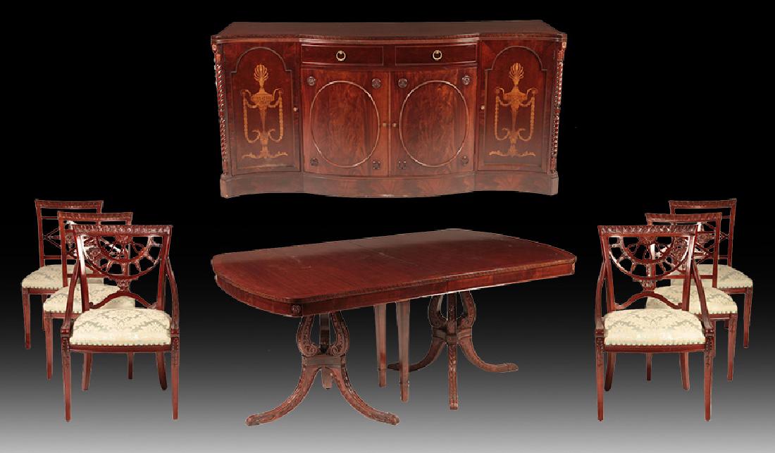 ADAMS STYLE MAHOGANY DINING ROOM SET: An Adams style mahogany dining room set including double pedestal table, set of six chairs, and a shaped front sideboard. The table having two leaves. Table measures: Ht: 30" Width: 68" Depth: 44". Th